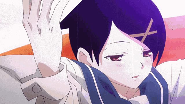 a girl with a cross in her hair is waving her hand in the air