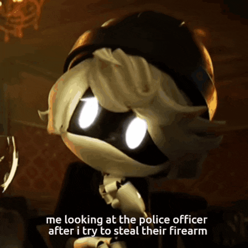 a cartoon character is looking at the police officer after trying to steal their firearm