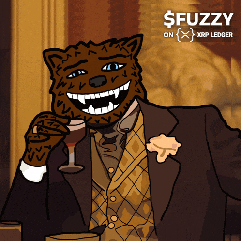 a cartoon of a man in a suit holding a wine glass with the words $ fuzzy on xrp ledger