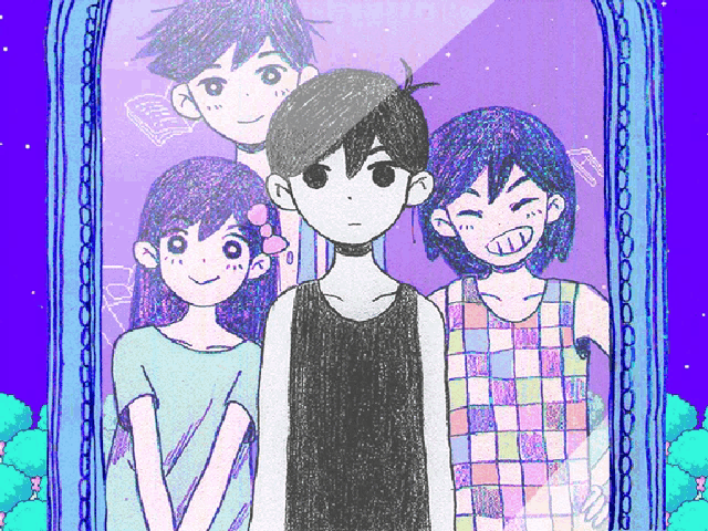a group of anime characters standing next to each other in front of a mirror