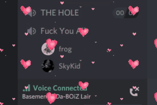 a screenshot of a chat with hearts and the words " the hole " and " fuck you all "