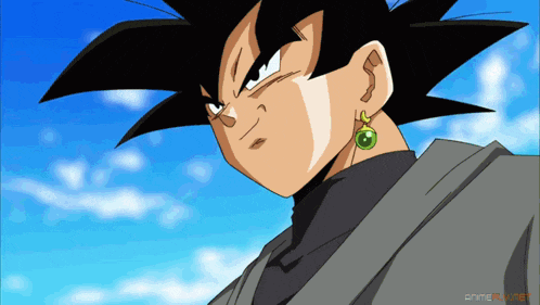 a close up of a cartoon character with a blue sky behind him