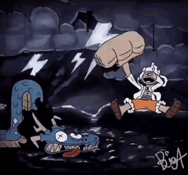 a cartoon of a man holding another man 's head in a cave .