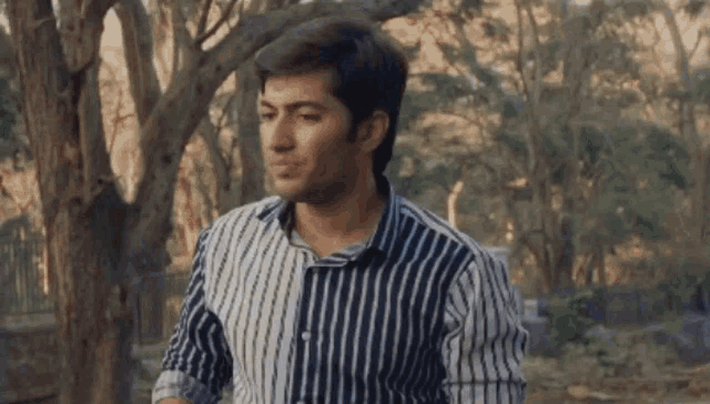 a man in a striped shirt is standing in front of a forest .