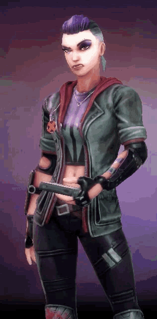 a woman with purple hair is wearing a green jacket and holding a gun