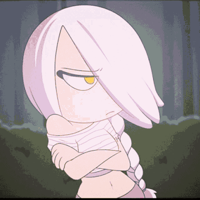 a cartoon drawing of a girl with white hair and a yellow eye