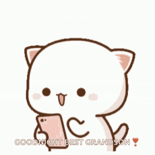 a cartoon cat is holding a cell phone and says goodnight best grandson .