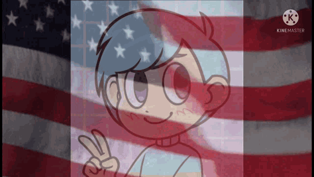 a cartoon of a boy giving a peace sign in front of an american flag