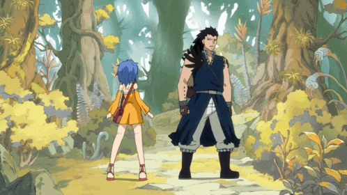 a man and a girl are standing in the woods