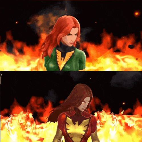 a woman with red hair and a phoenix costume stands in front of flames
