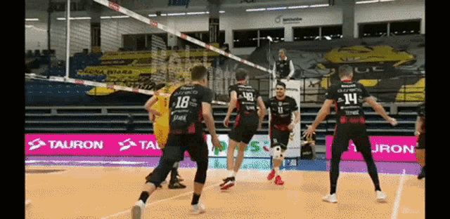 a volleyball game is being played in a stadium with tauron ads