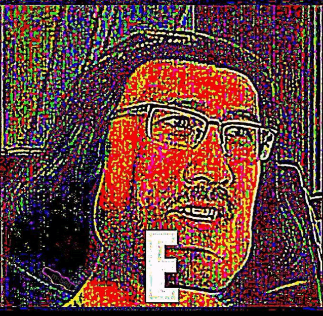 a pixelated portrait of a man wearing glasses and a hat with the letter e .