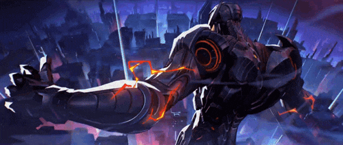 a robot with glowing arms is standing in front of buildings