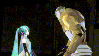 hatsune miku standing next to a robot in a dark room