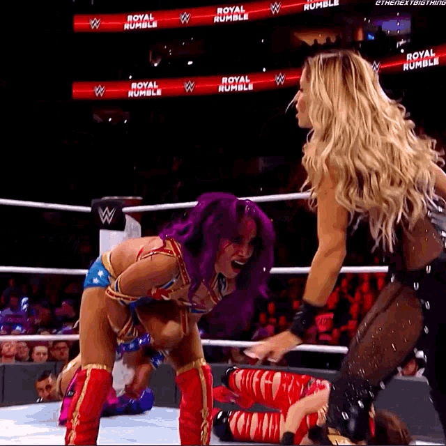 two women are in a wrestling ring with a sign that says royal rumble
