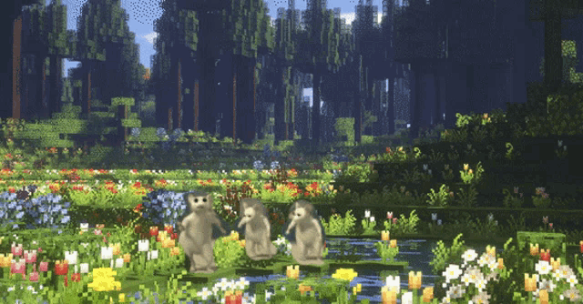 a video game scene with a river and flowers