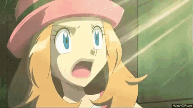 a close up of a cartoon girl wearing a pink hat with her mouth open .