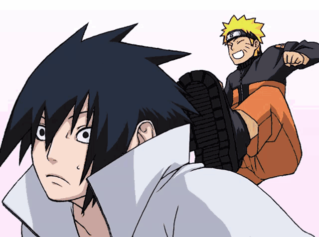 a cartoon of sasuke and naruto with sasuke making a face