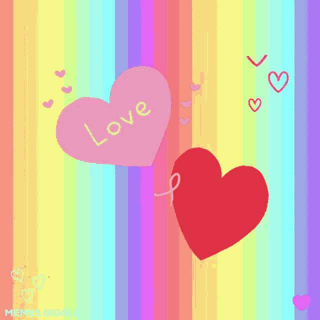 a rainbow background with hearts and the word love