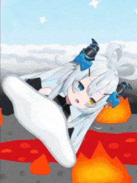 a girl with horns and white hair is laying on a cloud