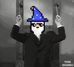 a pixel art of a man in a suit with a wizard hat on