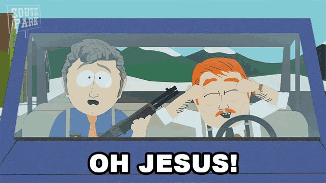 a south park cartoon shows a man holding a gun and the words oh jesus above him