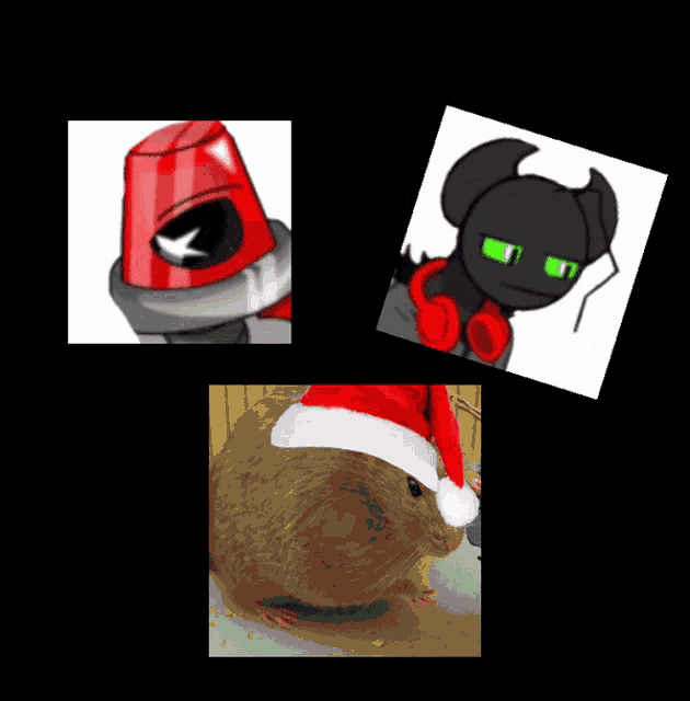 a hamster wearing a santa hat is surrounded by other images