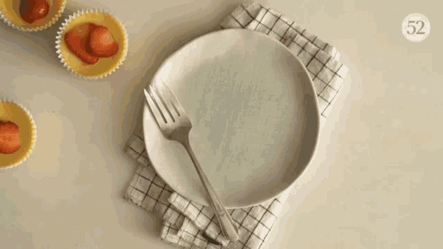 a plate with a fork on it with the number 52 on the bottom