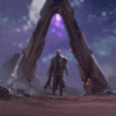a man in a trench coat is standing in front of a large a