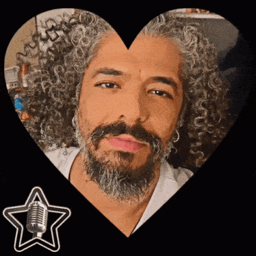 a man with curly hair and a beard is surrounded by a heart shaped frame