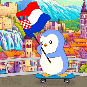 a penguin on a skateboard holding a flag with the word pengu on the bottom right