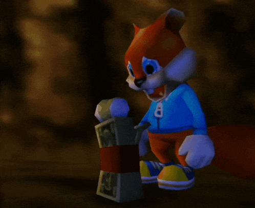a cartoon squirrel is wearing a blue shirt and orange pants
