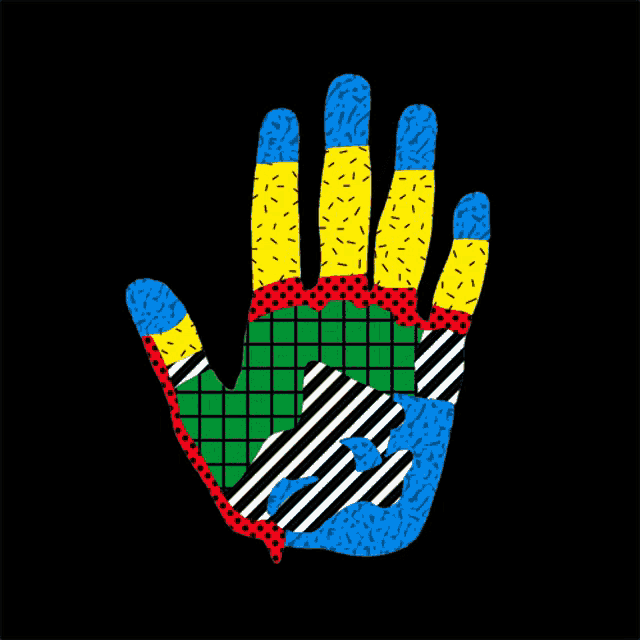 a colorful hand on a black background with red yellow and blue fingers