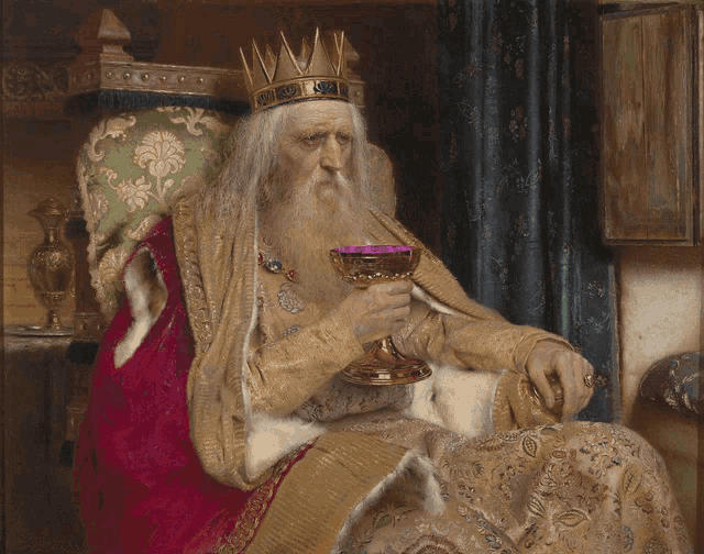 a painting of a king sitting in a chair holding a goblet