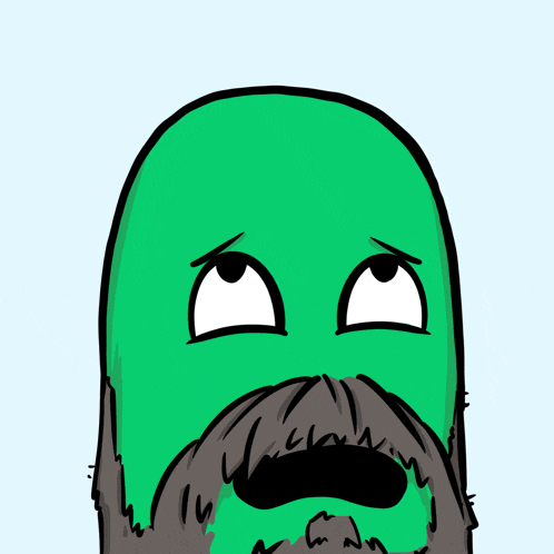 a green cartoon character with a beard is making a sad face