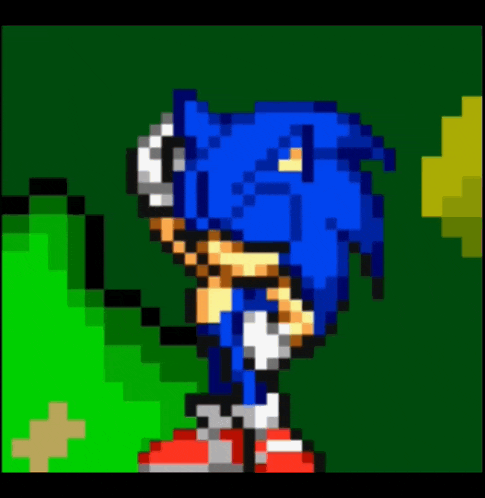 a pixel art of sonic the hedgehog standing next to a green background