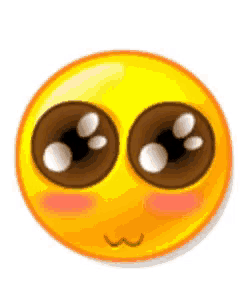 a yellow smiley face with big brown eyes and a w on its cheek .