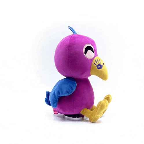a stuffed purple bird with a yellow beak and a hand on its face