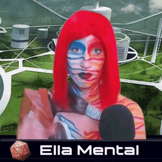 a woman with red hair and face paint is holding a microphone and the name ella mental is below her