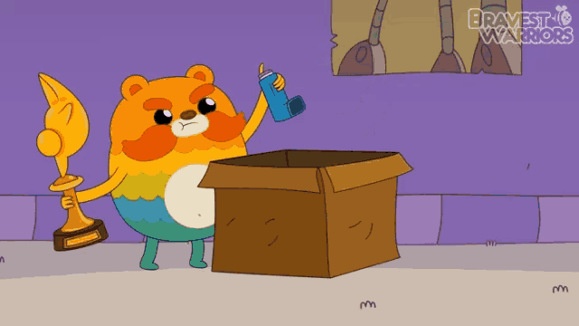 a cartoon of a bear holding a trophy and a box with bravest warriors written on the bottom