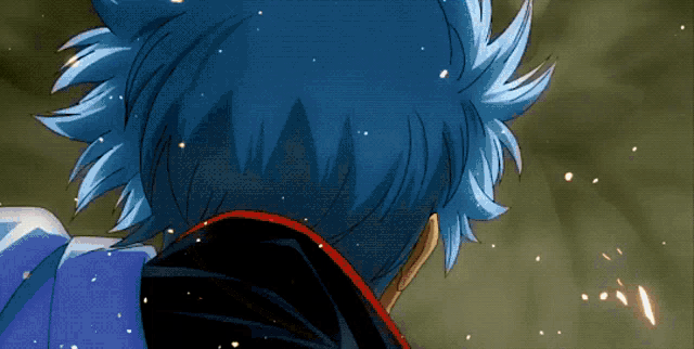 a close up of a blue haired anime character