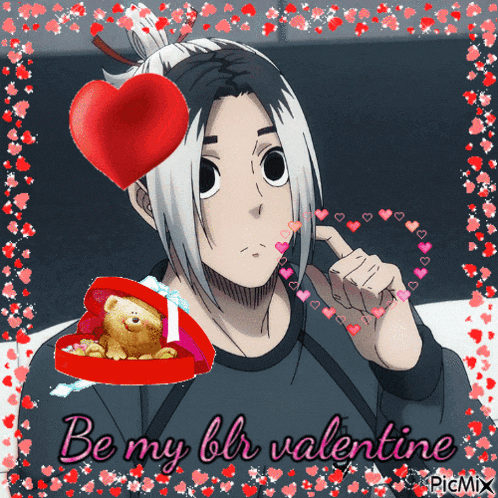 a picture of a boy with a teddy bear in a heart shaped box and the words be my blur valentine