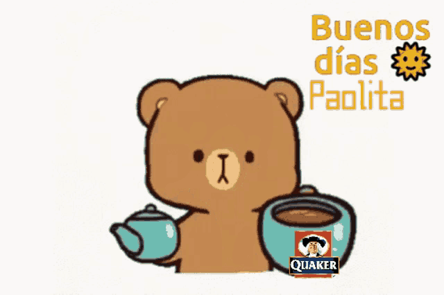 a cartoon of a teddy bear drinking quaker oats