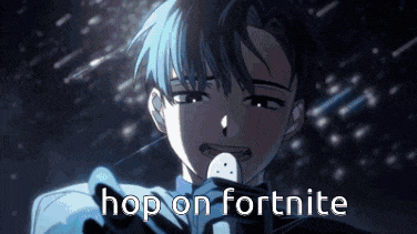 a boy with blue hair is holding a microphone and saying `` hop on fortnite ''