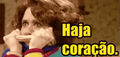 a woman is brushing her teeth with a toothbrush and the words haja coracao are written above her