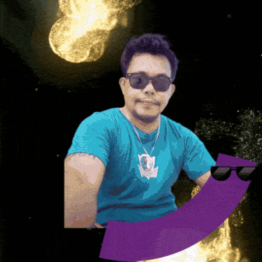 a man wearing sunglasses and a blue shirt has a purple arrow pointing to his left