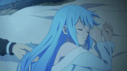 a girl with blue hair is sleeping in a bed
