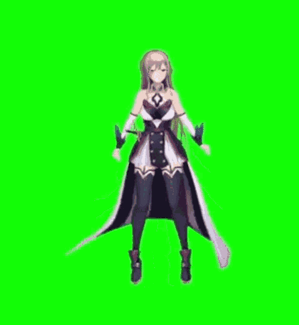a girl in a long dress is dancing on a green screen .