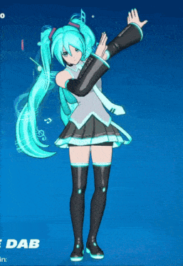 a hatsune miku character is doing a dab on a blue screen