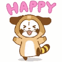 a cartoon dog is standing in front of a sign that says happy .